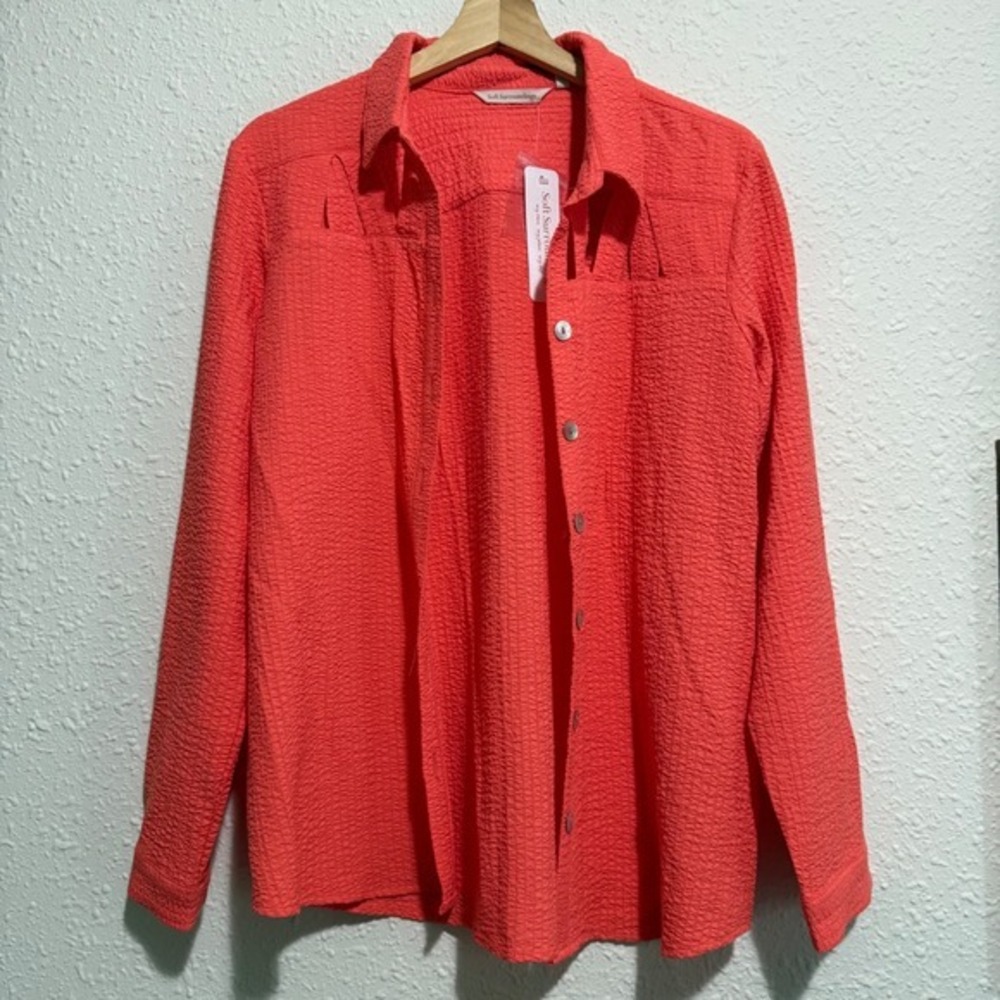 New Soft Surroundings peekaboo shirt M Coral Textured Long Sleeve Button‎ Down